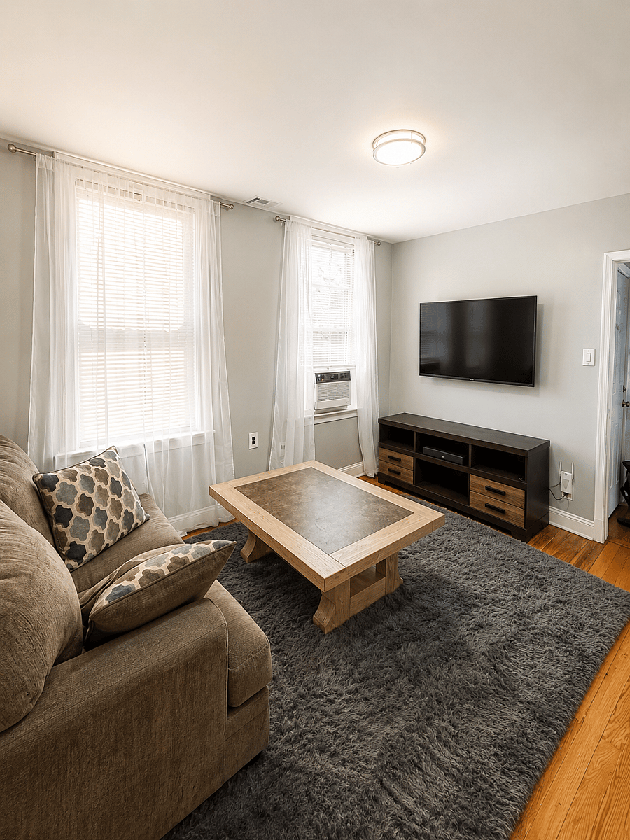 Sunlit living room with sofa, coffee table, and wall-mounted television